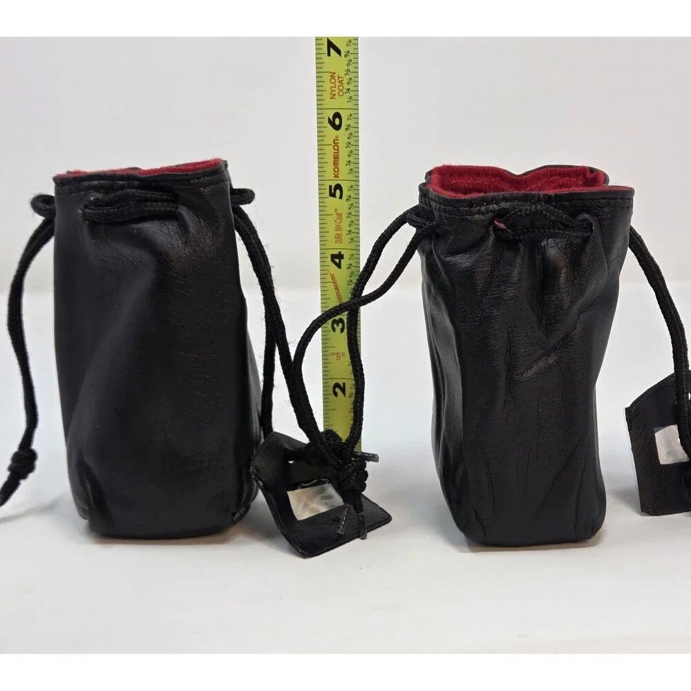 Vintage Black Leather Drawstring Camera Lens Pouches Red Lined Pair Made Korea